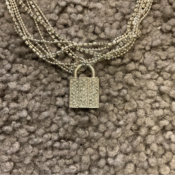 Vintage Bling Crystal Padlock Silver Necklace Jewelry Gift Goth, NWT - Picture 4 of 6